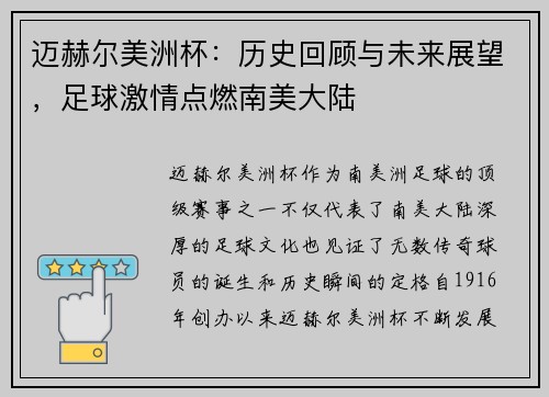 迈赫尔美洲杯：历史回顾与未来展望，足球激情点燃南美大陆