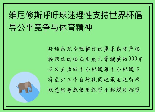 维尼修斯呼吁球迷理性支持世界杯倡导公平竞争与体育精神 维尼修斯呼吁球迷理性支持世界杯倡导公平竞争与体育精神